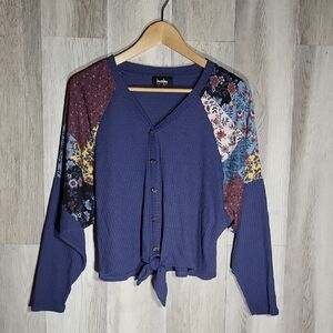 By And By Womens S Patchwork Sleeve Blouse‎ Faux Button Toe Front V Neck Boho